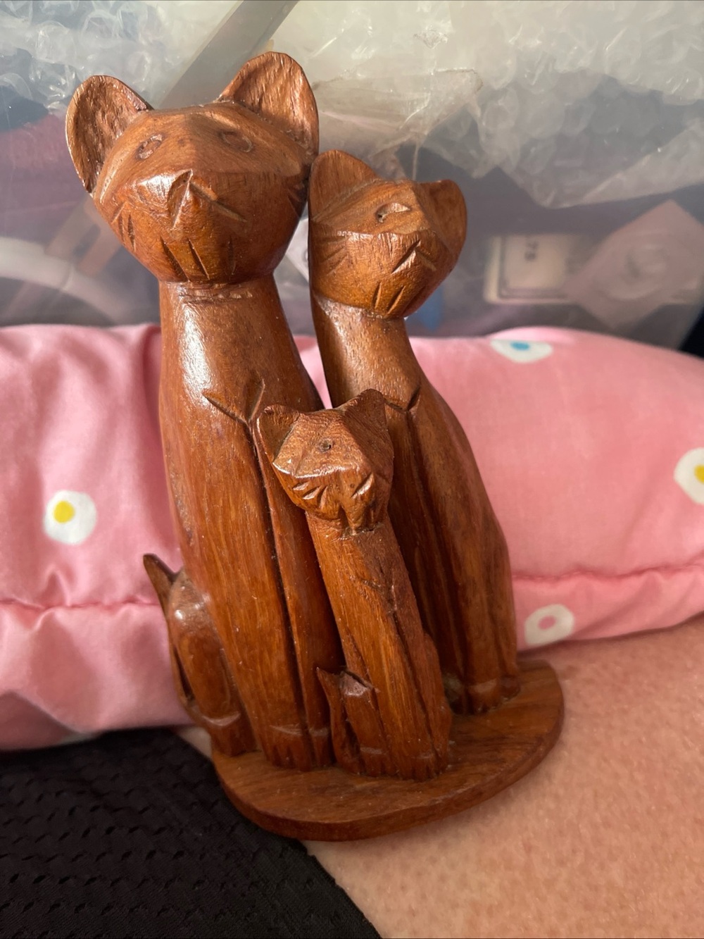 Carved Brown Wooden Cat Family Sculpture - Decorative Home Accent 6”